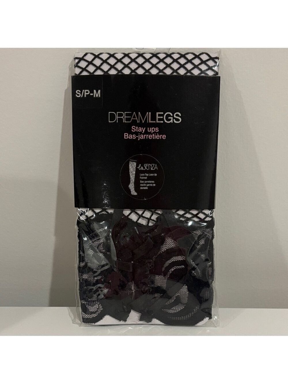 La SENZA Dreamlegs Stayups Black Fishnet Stockings lace top Lace up NEW size s/m